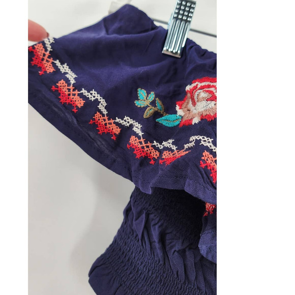 NWT New Xhiliration Navy / Blue Faux Needle Point Embroidered Tube Top Ruffled M - Picture 5 of 7